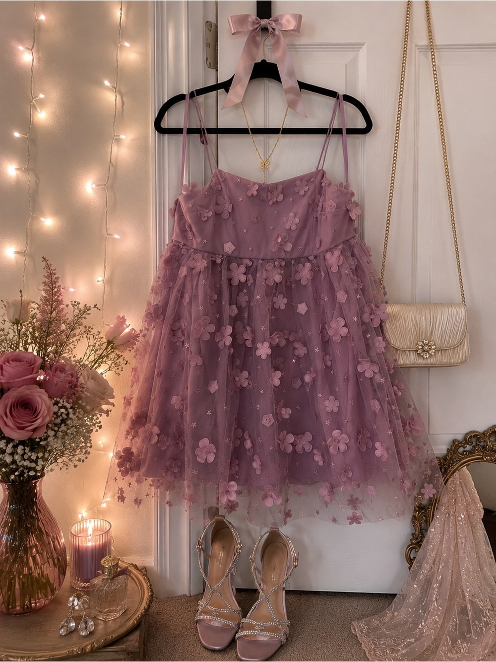 Trixxi Dusty Rose Floral Appliqué Tulle Party Dress